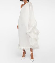 Bridal Liza feather-trimmed maxi dress in white - Rixo | Mytheresa Canada Clothes, Luxury Outerwear, White Maxi Dresses, Made In China, Side Zipper, Designing Women, Clothing And Shoes, The Dress, White Dress