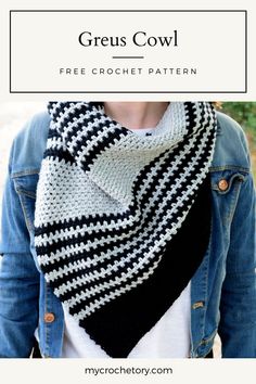 a woman wearing a black and white striped scarf with text overlay that says, free crochet pattern