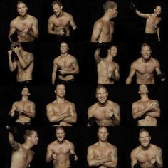 multiple images of men with no shirt on posing for the camera, all in different poses