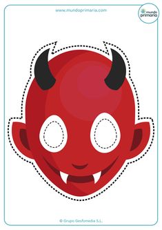 a red devil mask with horns on it's head and two eyes, cut out from