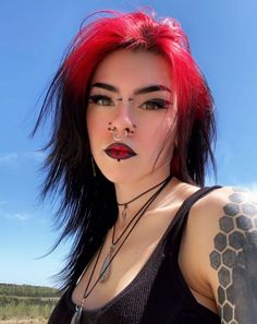 Root Hair Dye Ideas, Red Hot Roots Hair, Colorful Roots Black Hair, Pink Shadow Root Black Hair, Bright Red Hair With Black Roots, Bright Roots Dark Hair, Dark Red And Black Hair Ideas, Red Root Hair, Hot Pink Roots With Black Hair