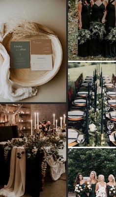 a collage of photos with black and white wedding colors, greenery and candles