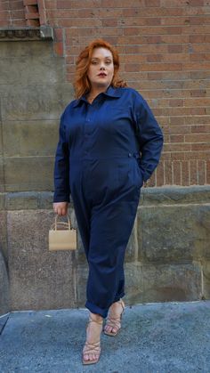 Plus Size Jumpsuit and Boiler Suit in Navy, Cool Plus Size Clothing - See Rose Go – See ROSE Go Blue Fitted Utility Jumpsuits And Rompers, Blue Fitted Utility Jumpsuit, Fitted Utility Jumpsuit With Pockets, Utility Button-up Overalls For Workwear, Workwear Overalls With Bib Front And Buttons, Utility Overalls With Patch Pockets For Work, Fitted Utility Overalls With Pockets, Fitted Solid Jumpsuits And Rompers With Side Pockets, Fitted Blue Jumpsuit With Side Pockets