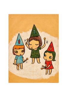 three children wearing birthday hats and one is holding a candle in the other's hand