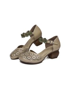 Flowers Ankle Strap Chunky Heels Sandals — Obiono Chunky Heels Clogs & Mules, Spring Floral Print Leather Heels, Brown 4-inch Heel Spring Heels, Obiono Shoes, Brown Wedge Sandals With Heel Strap, Medium Width, Summer Leather Sandals, Brown Wedge Sandals With 4-inch Heel, Ankle Strap Chunky Heels, Chunky Heel Sandals