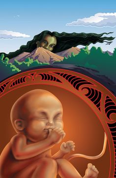 a painting of a baby in front of a mountain with trees and clouds behind it