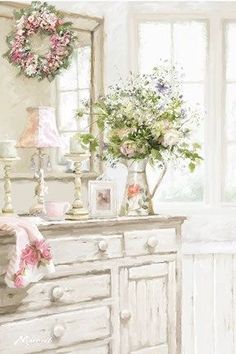 a white dresser topped with lots of drawers and vases filled with flowers next to a window