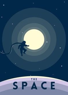 the space between earth and stars is shown in this minimalist style poster, with an image of a man climbing up to the moon