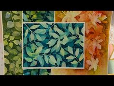 four different paintings with leaves on them and one has blue, green, yellow and orange colors