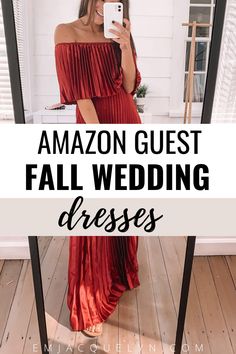 a woman taking a selfie with the text amazon guest fall wedding dresses