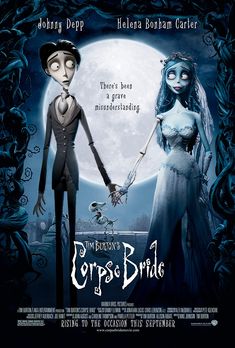 the corpse bride movie poster with jack and rose holding hands in front of a full moon