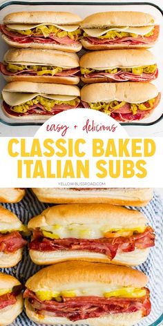 there are many different types of sandwiches on this plate and the words classic baked italian subs above them