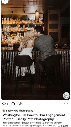 a man and woman sitting at a bar with their backs to each other, kissing