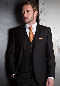 Adam's wedding day outfit, Grooms men add coral vests with the tie and coral roses as boutonnieres Black Men Suits, Men Suits Wedding, All Black Suit, Prom Blazers, Orange Suit, Black Suit Wedding, Suit Pin, Vest And Tie