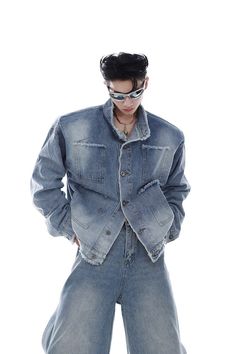 Distressed Denim Jacket with Multiple Pockets - chiclara Denim Jacket With Hoodie, Patchwork Shorts, Dull Colors, Distressed Denim Jacket, Short Coat, Classic Silhouette, Mens Outerwear, Denim Pant, Blue Jacket