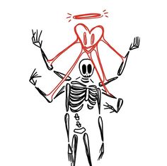 a drawing of a skeleton holding two forks in the air with his arms stretched out