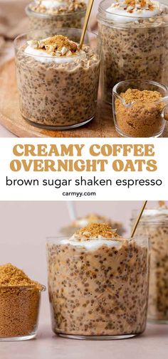 an image of desserts in glass bowls with spoons on the side and text overlay reading creamy coffee overnight oats