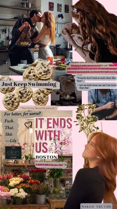 collage of photos with people and food in the kitchen, including cookies, flowers, and posters