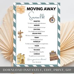 Moving Away Survival Kit Printable These printable survival kit cards/tags are great for when the youngster is moving to college or on their own. Give them a small gift bag with this tag attached, as a fun novelty gift.  You can edit all text.  WHAT YOU RECEIVE: 1 PDF with link to Editable template size 5 x 7 & Canva tutorials Print at home or at a professional shop. For professional printing, I recommend Prints of Love. They offer high-quality prints and amazing customer service! When you use m Goodbye And Good Luck, Canva Tutorials, Wish You Well, Moving Gifts, Small Gift Bags, Canva Tutorial, Leaving Home, You Used Me, Bag Tag