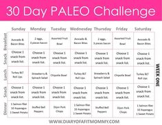 the 30 day paleo challenge is shown in pink and white with words on it