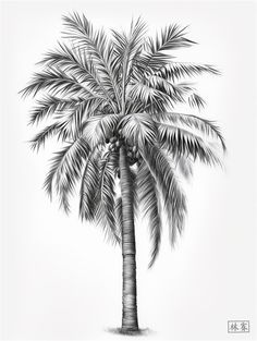 a black and white drawing of a palm tree with the leaves still on it's branches