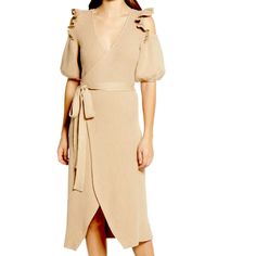 Never Fully Dressed Ruffle Cold Shoulder Wrap Tie Knitted Midi Dress In Camel. Nwt! This Soft Knit Wrap Dress Is Rendered In A Neutral Hue And Set With Frilly, Puff Sleeves That Show Off Your Shoulders. True Wrap Style With Side Tie Closure Elbow-Length Sleeves With Elastic Cuffs Knitted Midi Dress, Never Fully Dressed, Knit Wrap Dress, Shoulder Wrap, Knit Wrap, Knit Midi, Knit Midi Dress, Camel Color, Elbow Length Sleeve