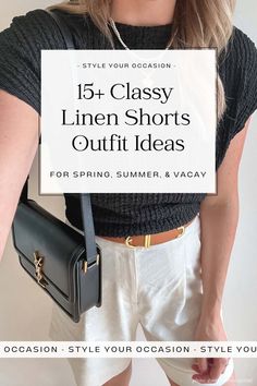 Looking for chic and modern linen shorts outfit ideas for women in spring and summer? This list has classy and casual looks for the perfect warm weather aesthetic. Get inspired with chic white linen shorts outfits, black linen shorts outfits, and other style like beige, red, or gingham. Beige Trouser Shorts Outfit, Linen Trouser Shorts Outfit, What To Wear With Linen Shorts, How To Wear Linen Shorts, Khaki Linen Shorts Outfit, Beige Linen Shorts Outfit Summer, Styling Linen Shorts, Tan Linen Shorts Outfit, Cream Linen Shorts Outfit