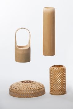 three different types of wooden objects on a white background, including a basket and vase