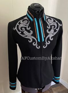 Now Ride with more colors:-  Silver/ Sky Blue with Black base Showmanship, Horsemanship, Western pleasure Rodeo Queen Jackets For Sale. We are Expertise in Showmanship, Horsemanship, Western Rodeo Queen Jackets, shirts, showpad and vest For Sale. Unveiling our Brand New products done by the professional designer and tailor.  All the designs are made with beautiful pattern and comfortable material to avoid any problems related to design and fitting with a scope of future alterations. We prioritie Fitted Blue Top With Stand Collar, Western Bolero Show Vest, Western Show Shirts For Women, Pink Western Show Shirt, Womens Western Show Shirts, Horsemanship Shirt, Showmanship Jacket, Western Show Shirts, Rodeo Queen