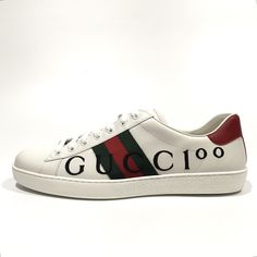 Designer Custom Lace-up Sneakers With Logo Print, Designer Custom Logo Print Lace-up Sneakers, Designer Logo Print Sneakers With Round Toe, Gucci Leather Sneakers With Logo, Gucci Luxury Sneakers With Branded Insole, Luxury Gucci Sneakers, Luxury Leather Custom Sneakers With Logo, Gucci Custom Lace-up Logo Sneakers, Modern Gucci Sneakers With Round Toe