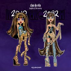 two paper dolls with long hair and high heels, one is wearing an outfit that has been