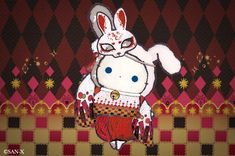 a painting of a white rabbit with red and black checkered wallpaper in the background