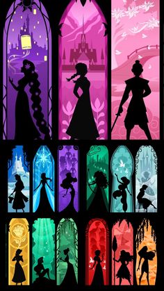 the silhouettes of disney characters in different colors