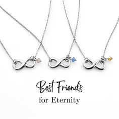 "Matching Infinity Necklaces with Genuine Czech Birthstone Option Adorable infinity necklaces are a timeless symbol of eternal friendship and love. These necklaces make a meaningful gift for yourself or those dear to you. They are sold individually for those who want to purchase just 1 necklace, but we offer incredible discounts when bought as a set of 2 or 3! These necklaces are VERY high quality, durable, and beautifully finished. The charms and chains are hypoallergenic, sturdy, and tarnish-r Necklace For 3 Best Friends, Best Friend Jewelry For 3, Necklace For Friends, Gift For 3 Best Friends, Friendship Necklaces For Four, 3 Friendship Necklaces, Bff Necklaces For 2 Best Friends, Matching Jewelry For 3 Best Friends, Best Friends Necklaces For 2