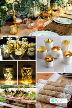 a collage of photos with candles, plates and vases