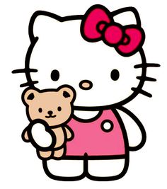 a hello kitty holding a teddy bear in her arms and wearing a pink shirt with a bow on it's head