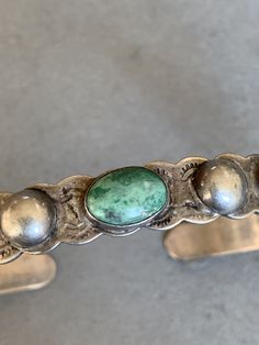 "Fred Harvey Era Sterling Turquoise Bracelet 6 x 1/4\" opening 7/8\" inside 5 1/2\"" Classic Handmade Turquoise Bracelets, Classic Turquoise Adjustable Bracelet, Antique Turquoise Adjustable Bracelet, Antique Adjustable Turquoise Bracelet, Vintage Adjustable Turquoise Sterling Silver Bracelet, Classic Adjustable Turquoise Cuff Bracelet, Green Patina Bracelet, Oval Turquoise Collectible Bracelet, Elegant Turquoise Bracelet With Patina