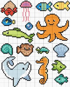 cross stitch pattern with different types of sea animals