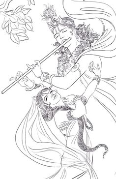 a drawing of two women in the air with their arms around each other, one holding a flute