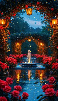 a garden with red roses and lanterns lit up at night in front of a fountain