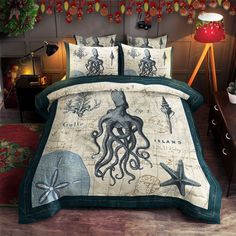 a bed with an octopus and starfish on it