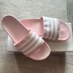 Nwot Adidas Girls Adilette Pink Comfort Slide Sandals. Size 5, Fits Size 7. Pink Flat Summer Slippers, Cute Slip-on Slides For Spring, Cute Spring Slip-on Slides, Pink Slip-on Summer Slippers, Pink Summer Slip-on Slippers, Pink Open Toe Slippers For Spring, Cute Synthetic Slippers For Spring, Cute Spring Slides, Cute Pink Summer Slippers