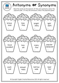 the printable worksheet for antonys or syonomyms to help students learn