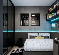 a bed room with a neatly made bed next to a night stand and book shelves