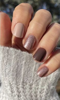 Nails Nut Color, Simple Short Nails Neutral, Contrasting Nail Colors, December Acrylic Nails Short, Taupe Sparkle Nails, Nails In November, Nailpolish Inspo Short Nails, Different Colour Nails On Each Finger, Neutral Nails For Fair Skin