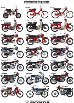 an advertisement for the honda motorcycle sales brochure, with many different motorcycles in red and white