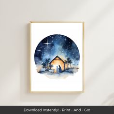 a watercolor painting of a nativity scene with the birth of jesus