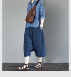 Blue linen women summer trouser Loose Dress Casual, Skirt Inspiration, Maxi Outfits, Pants Denim, Clothes Casual, Overalls Pants, Dress Sweater, Japanese Outfits, Dresses Women