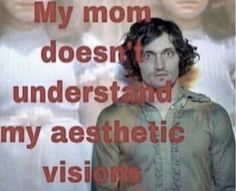 a man is standing in front of an image with the words, my mom doesn't understand and my aesthetic vision