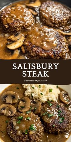 salisbury steak with mushrooms and gravy in a skillet on the side, served with mashed potatoes